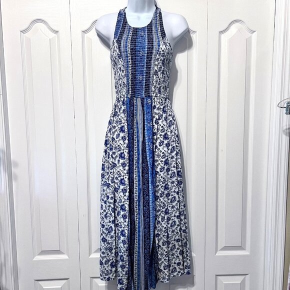 Japana X Small Women's Long Ruching Sleeveless Smocked Halter Dress-Blue/White - Picture 1 of 14